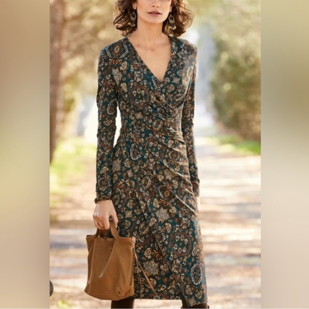 Peruvian Connection Ariana Faux Wrap Midi Dress XL Persian Print Teal Rust Boho